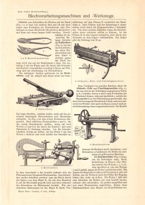 Blechverarbeitung Maschinen Werkzeuge historischer Druck Holzstich ca. 1903
