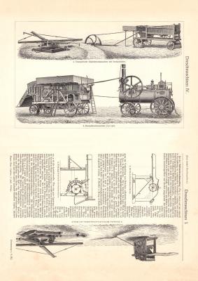 Dreschmaschinen I. - IV. historischer Druck Holzstich ca. 1903