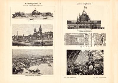 Ausstellungsbauten I. - III. historischer Druck Holzstich ca. 1902