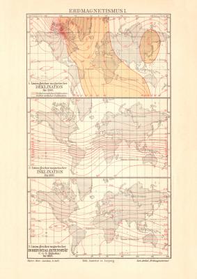 Erdmagnetismus I. historische Landkarte Lithographie ca. 1904
