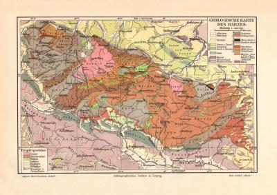 Harz Geologie historische Landkarte Lithographie ca. 1904