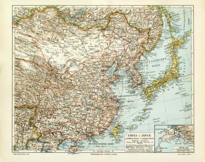 China Japan historische Landkarte Lithographie ca. 1903