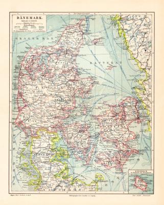 D&auml;nemark historische Landkarte Lithographie ca. 1903