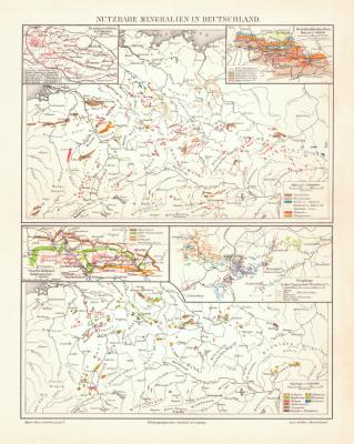 Nutzbare Mineralien in Deutschland historische Landkarte Lithographie ca. 1903