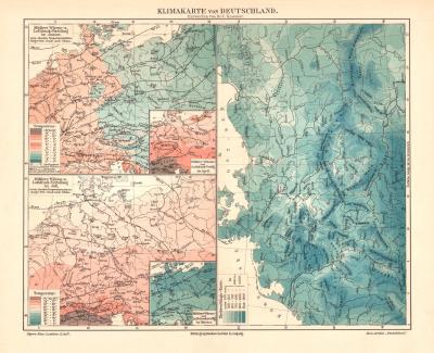 Deutschland Klima historische Landkarte Lithographie ca. 1903