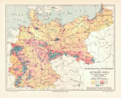 Bev&ouml;lkerungs-Dichtigkeit Deutsches Reich historische Landkarte Lithographie ca. 1903