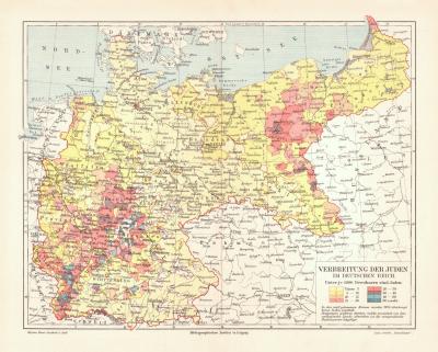 Verbreitung der Juden im Deutschen Reich historische Landkarte Lithographie ca. 1903