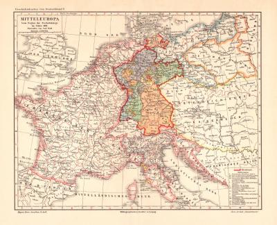 Mitteleuropa beim Beginn der Freiheitskriege historische Landkarte Lithographie ca. 1903