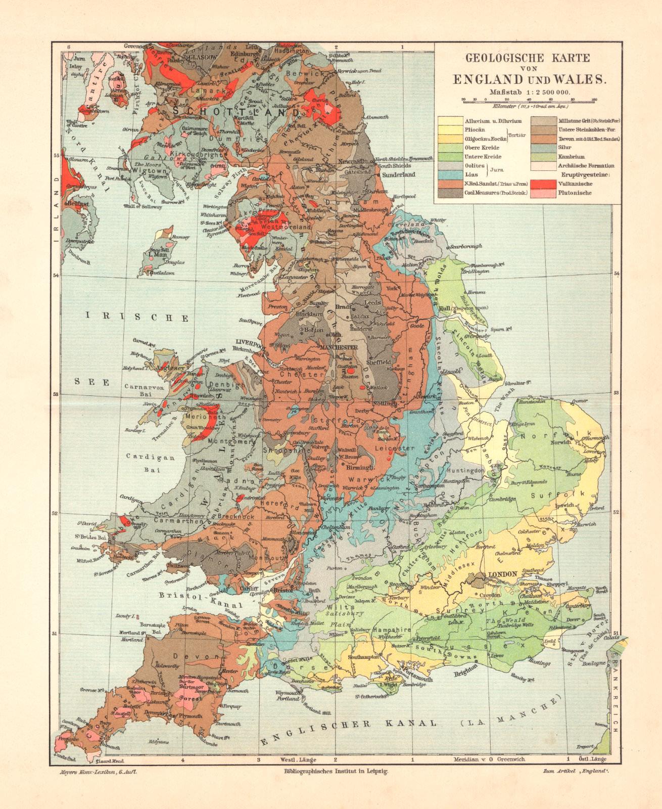 1903 antike Karte England Wales Geologie historische Landkarte Lithographie ca 
