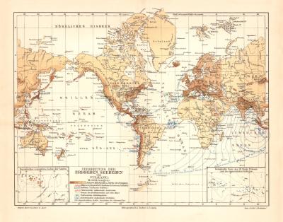 Erdbeben Seebeben Vulkane historische Landkarte Lithographie ca. 1903