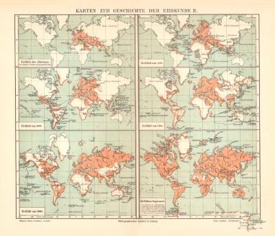 Geschichte der Erdkunde II. historische Landkarte Lithographie ca. 1904