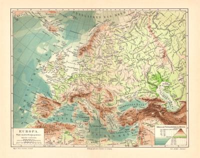 Europa Flüsse Gebirge historische Landkarte Lithographie ca. 1904
