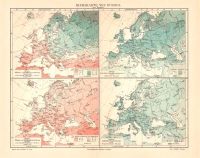 Europa Klima historische Landkarte Lithographie ca. 1904