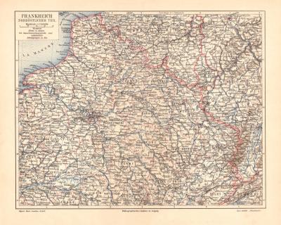 Frankreich Nordöstlicher Teil historische Landkarte Lithographie ca. 1904