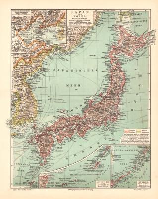 Japan und Korea historische Landkarte Lithographie ca. 1905