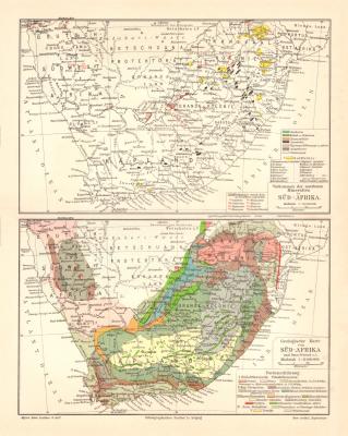 Süd Afrika Geologie Mineralien historische Landkarte Lithographie ca. 1905