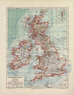 Großbritannien Irland historische Landkarte Lithographie ca. 1905
