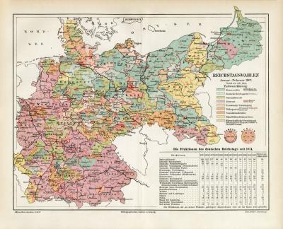 Reichstagswahlen Deutsches Reich 1907 historische Landkarte Lithographie ca. 1909