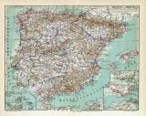 Spanien &amp; Portugal historische Landkarte Lithographie ca. 1909