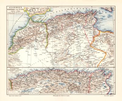 Algerien Marokko Tunesien historische Landkarte Lithographie ca. 1902