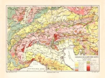 Alpen Geologie historische Landkarte Lithographie ca. 1902