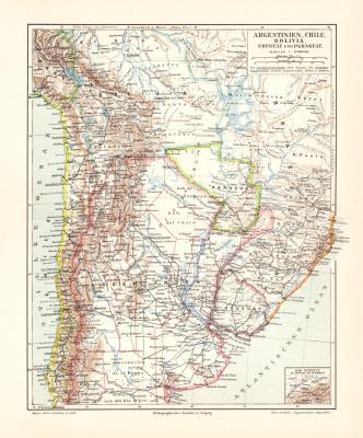 Argentinien Chile Bolivien Uruguay Paraguay historische Landkarte Lithographie ca. 1902