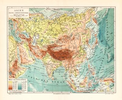 Asien Fl&uuml;&szlig;e und Gerbirge historische Landkarte Lithographie ca. 1902
