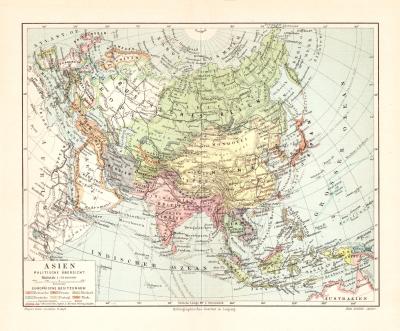 Asien politische &Uuml;bersicht historische Landkarte Lithographie ca. 1902