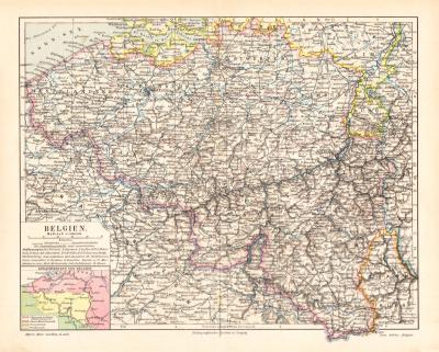 Belgien historische Landkarte Lithographie ca. 1902