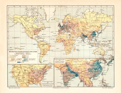 Bevölkerungsdichtigkeit der Erde historische Landkarte Lithographie ca. 1902