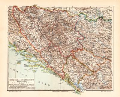 Bosnien Montenegro historische Landkarte Lithographie ca. 1903