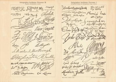 Autographen ber&uuml;hmter Personen I. - III. historischer Druck Lithographie ca. 1902