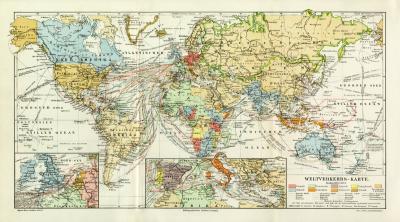 Weltverkehr historische Landkarte Lithographie ca. 1906