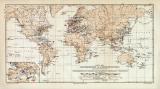 Weltkarte Seestreitkr&auml;fte &amp; Flottenst&uuml;tzpunkte historische Landkarte Lithographie ca. 1907
