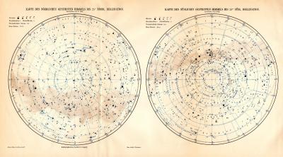 Karten des Gestirnten Himmels Nord &amp; S&uuml;d historische Karte Lithographie ca. 1904