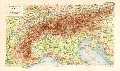 Alpen H&ouml;henschichten historische Landkarte Lithographie ca. 1902