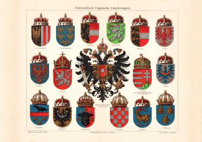 Österreich Ungarische Wappen historischer Druck Chromolithographie ca. 1906