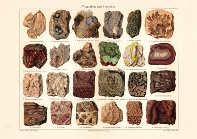 Mineralien &amp; Gesteine historischer Druck Chromolithographie ca. 1906