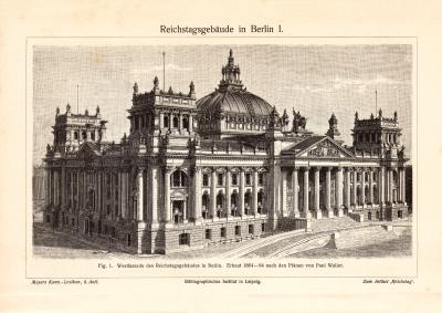 Reichstagsgeb&auml;ude in Berlin I. - II. historischer Druck Holzstich ca. 1907