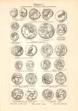 Münzen I. - II. historischer Druck Holzstich ca. 1906
