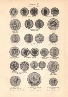 Münzen V. - VI. historischer Druck Holzstich ca. 1906