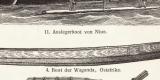Schiffsfahrzeuge der Naturvölker I. - II. historischer Druck Holzstich ca. 1907