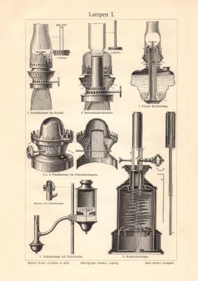 Lampen I. - II. historischer Druck Holzstich ca. 1905