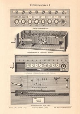 Rechenmaschinen I. - II. historischer Druck Holzstich ca. 1907