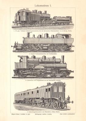 Lokomotiven I. - II. historischer Druck Holzstich ca. 1905