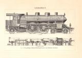 Lokomotiven I. - II. historischer Druck Holzstich ca. 1905