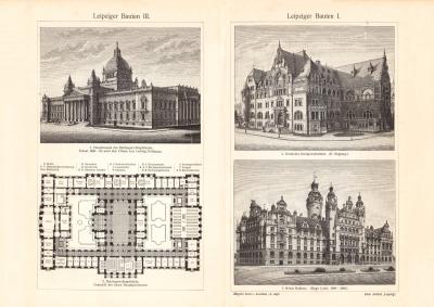 Leipziger Bauten I. - III. historischer Druck Holzstich ca. 1905