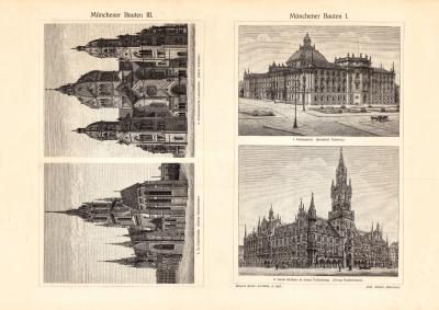 Münchener Bauten I. - III. historischer Druck Holzstich ca. 1906