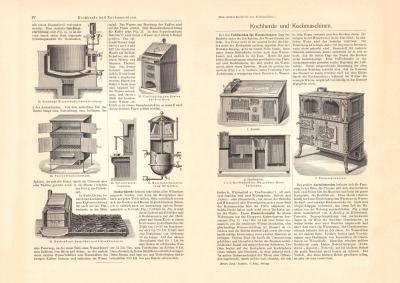 Kochherde und Kochmaschinen I. - IV. historischer Druck Holzstich ca. 1905