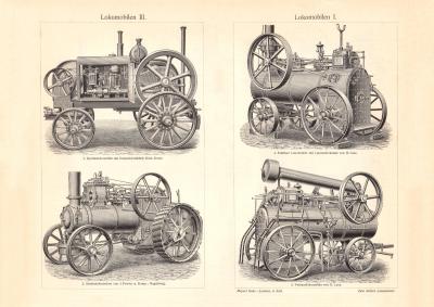 Lokomobilen I. - III. historischer Druck Holzstich ca. 1905
